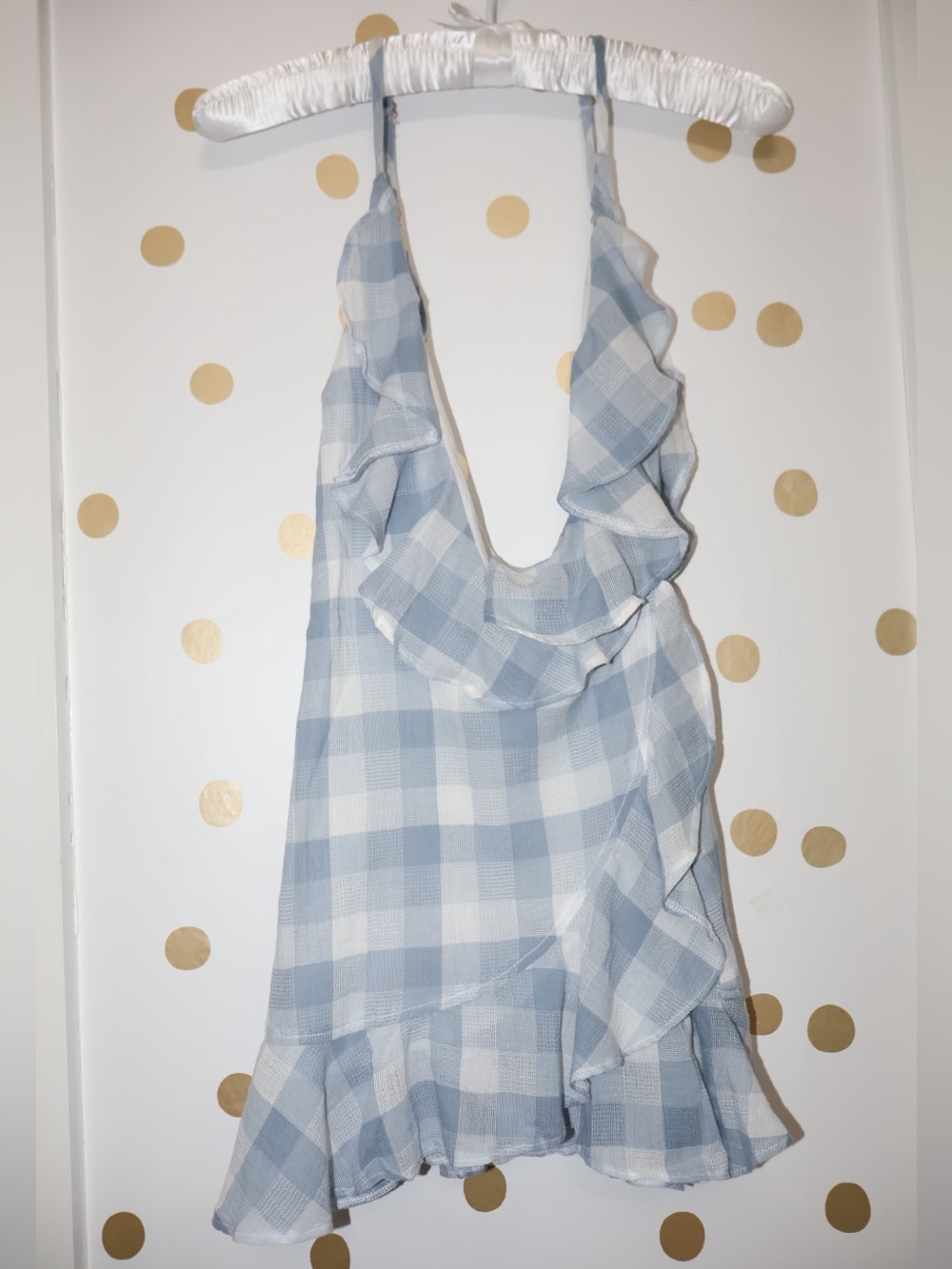 BRAND NEW Beach Riot Light Blue & White Gingham Ruffle Wrap Mini Dress - Picture 3 of 6